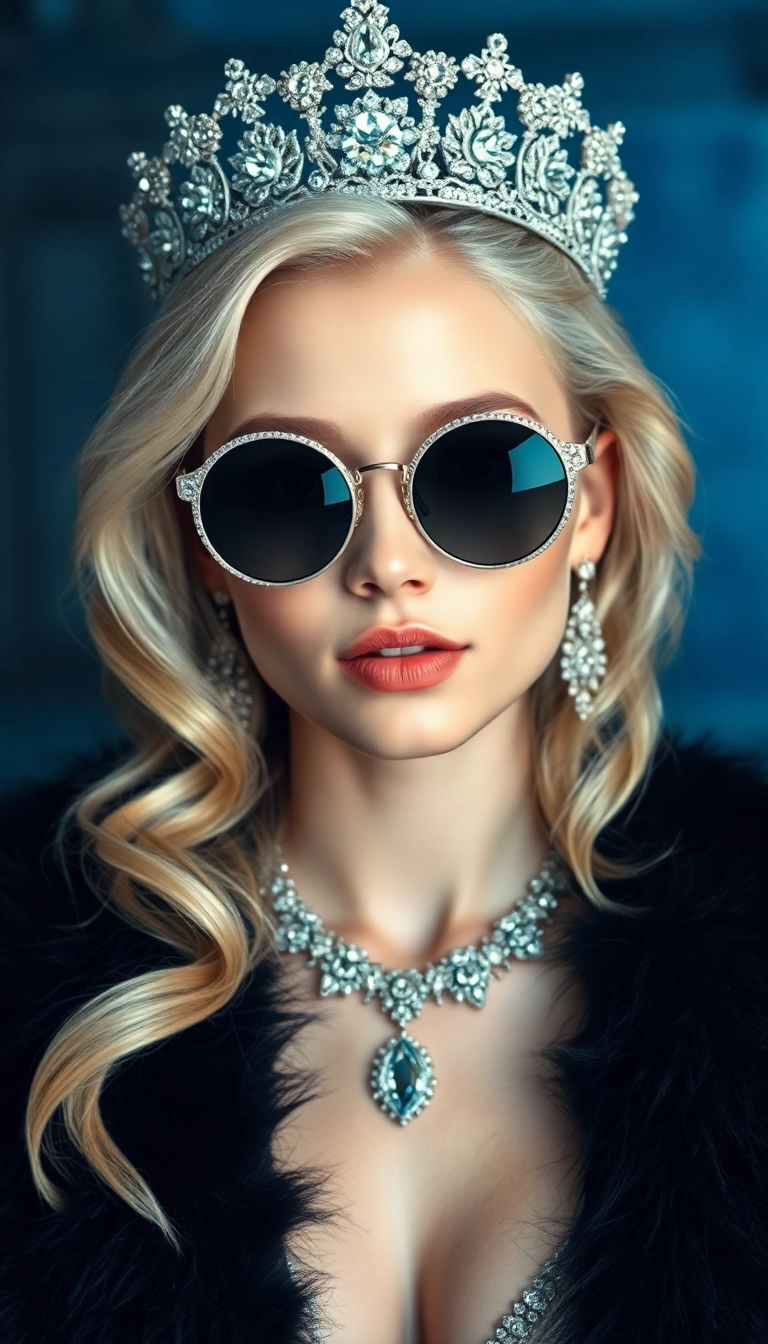 HD iPhone AI Young Platinum Blonde Queen in Black Fur Aesthetic Wallpaper